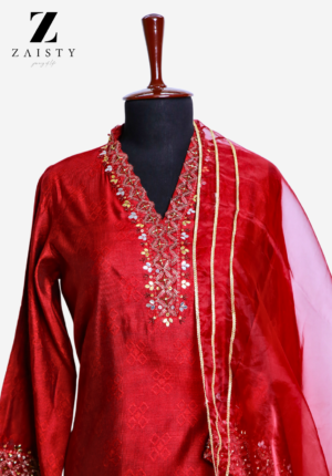 Red 3-piece suit with gold embroidery and organza dupatta.