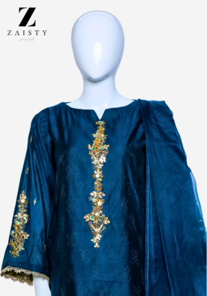 Blue 3-piece dress with golden gotta embroidery, stylish sleeves & matching dupatta."