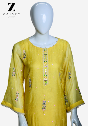 Yellow cotton net suit with hand-ada embroidery.