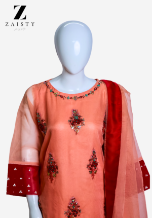 Peach Organza Embroidered Suit with Dupatta