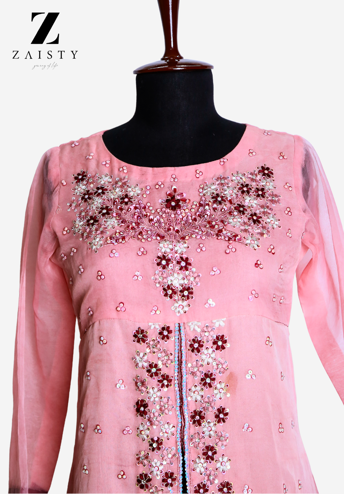 "Pink organza 3-piece dress with Resham embroidery, raw silk flappers & organza dupatta."