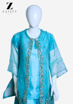 Sky blue 4-piece organza dress with silver gotta work