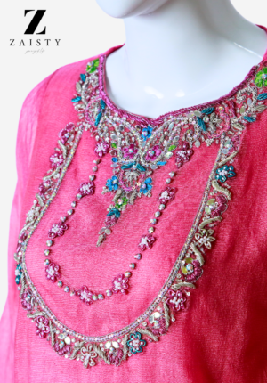 Pink Khadi net dress with naqshi dabka, hand embellishments, zardosi borders, and an organza dupatta.