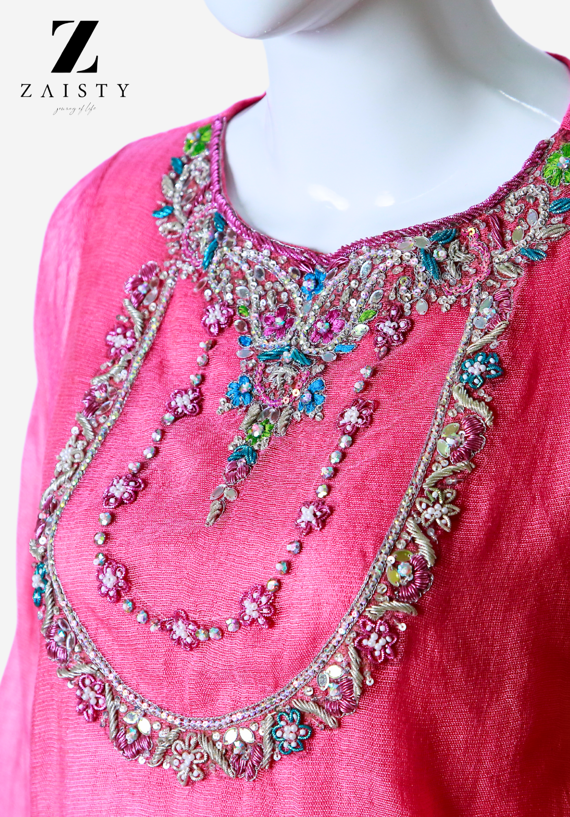 Pink Khadi net dress with naqshi dabka, hand embellishments, zardosi borders, and an organza dupatta.