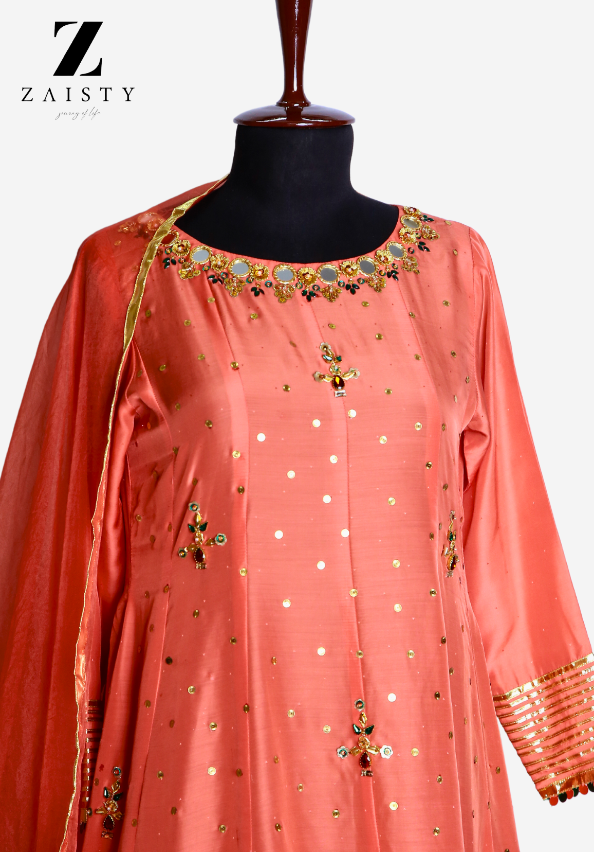 Coral Raw Silk Kalidar with Gold Embellishments
