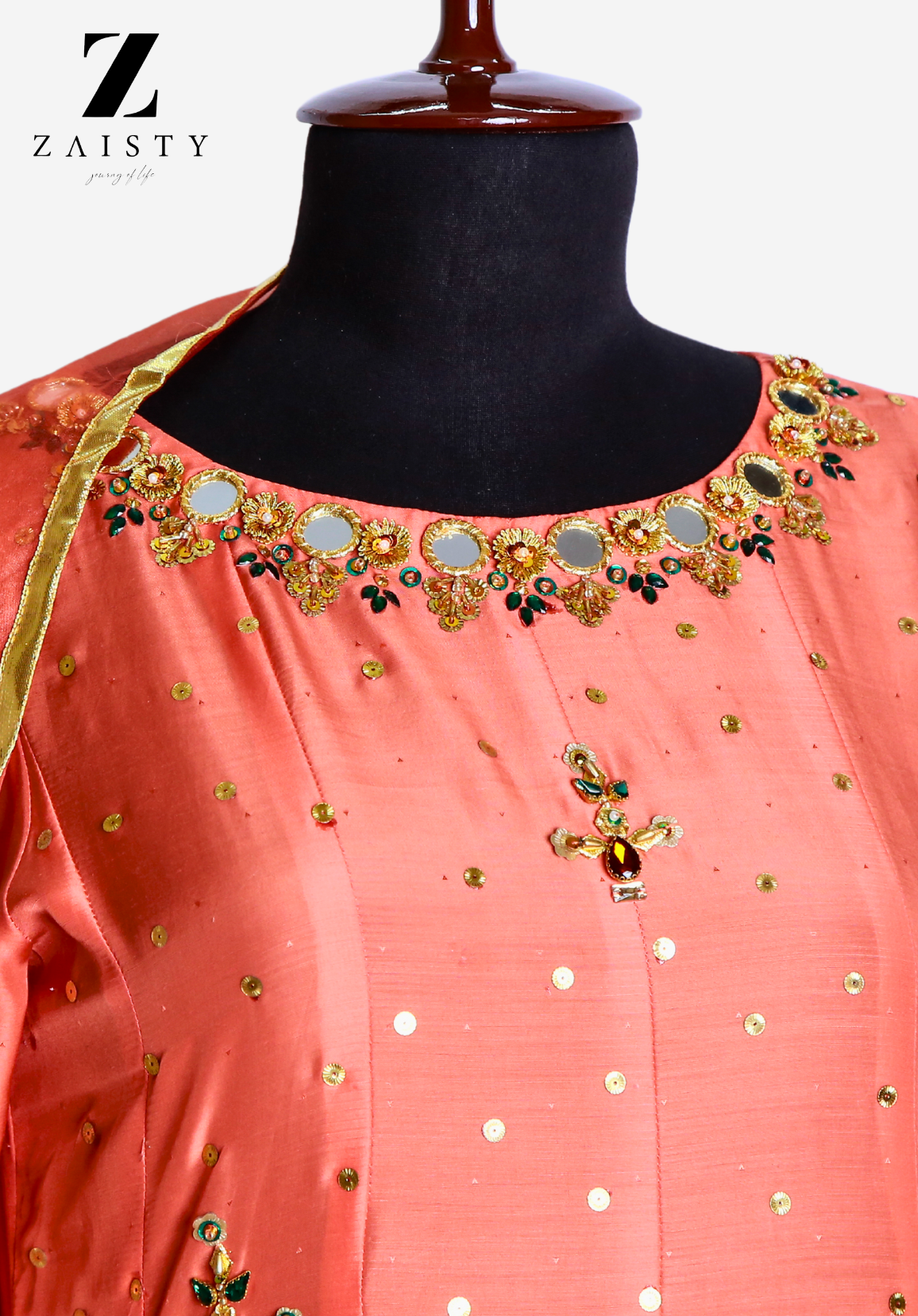Elegant Coral Raw Silk Kalidar | Mirror & Gota Work - Image 3