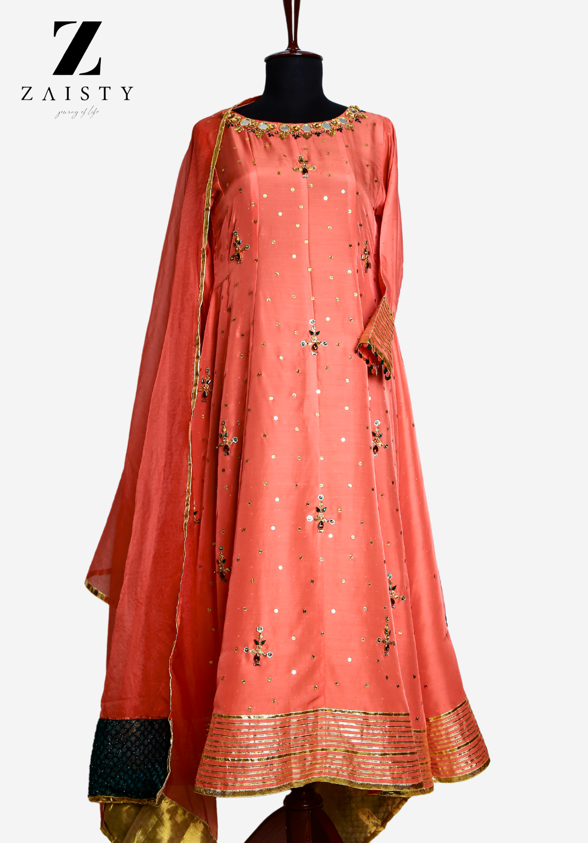 Elegant Coral Raw Silk Kalidar | Mirror & Gota Work - Image 6