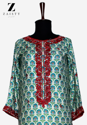 Embroidered 2-Piece Suit – Cream Dress with Red Hand Embroidery