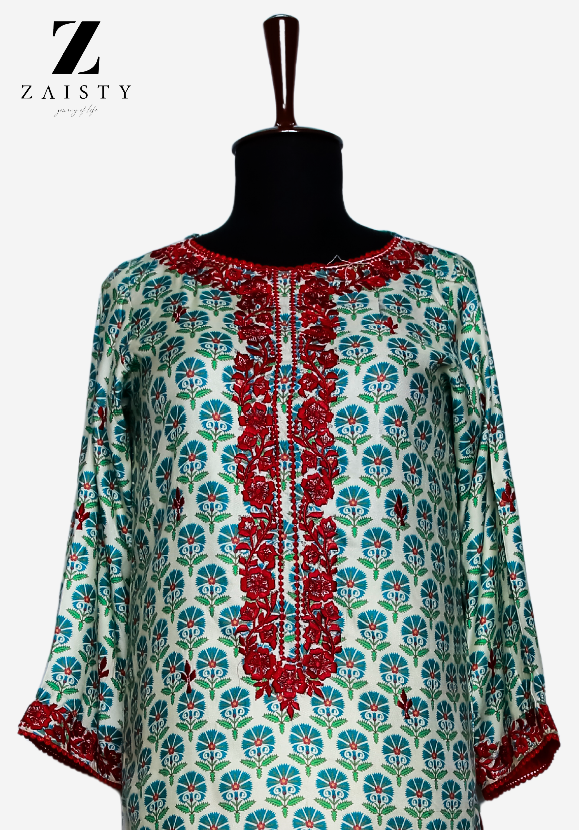 Embroidered 2-Piece Suit – Cream Dress with Red Hand Embroidery