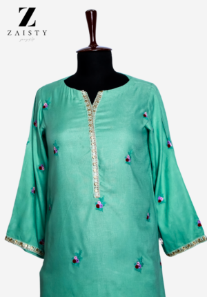 MINT-GREEN-EZT-061 – Mint Green Embroidered Pakistani Wedding Dress with intricate threadwork and a stylish slit round neckline.