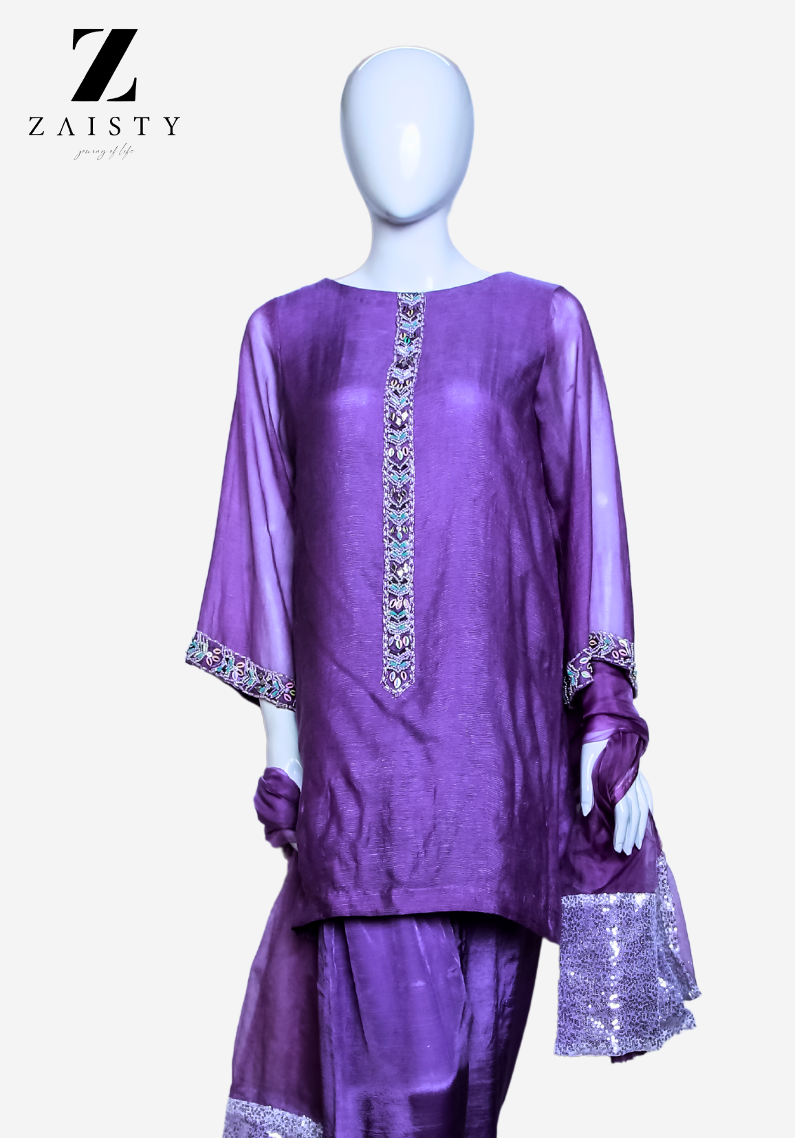 "Purple embroidered dress with hand embroidery for weddings & parties."