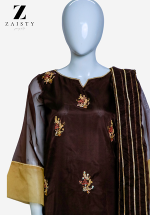 PINE 3Pcs Organza Dress with Gold Embroidery