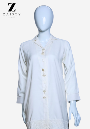 Off-white 2 piece suit with a buttoned tunic and straight-cut skirt for an elegant look.