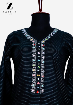 Black Embroidered Tunic with Elegant Neckline and Cuffs"