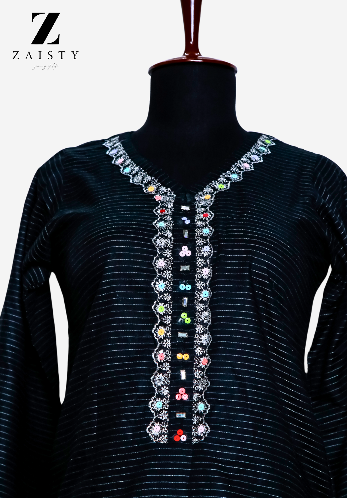 Black Embroidered Tunic with Elegant Neckline and Cuffs"